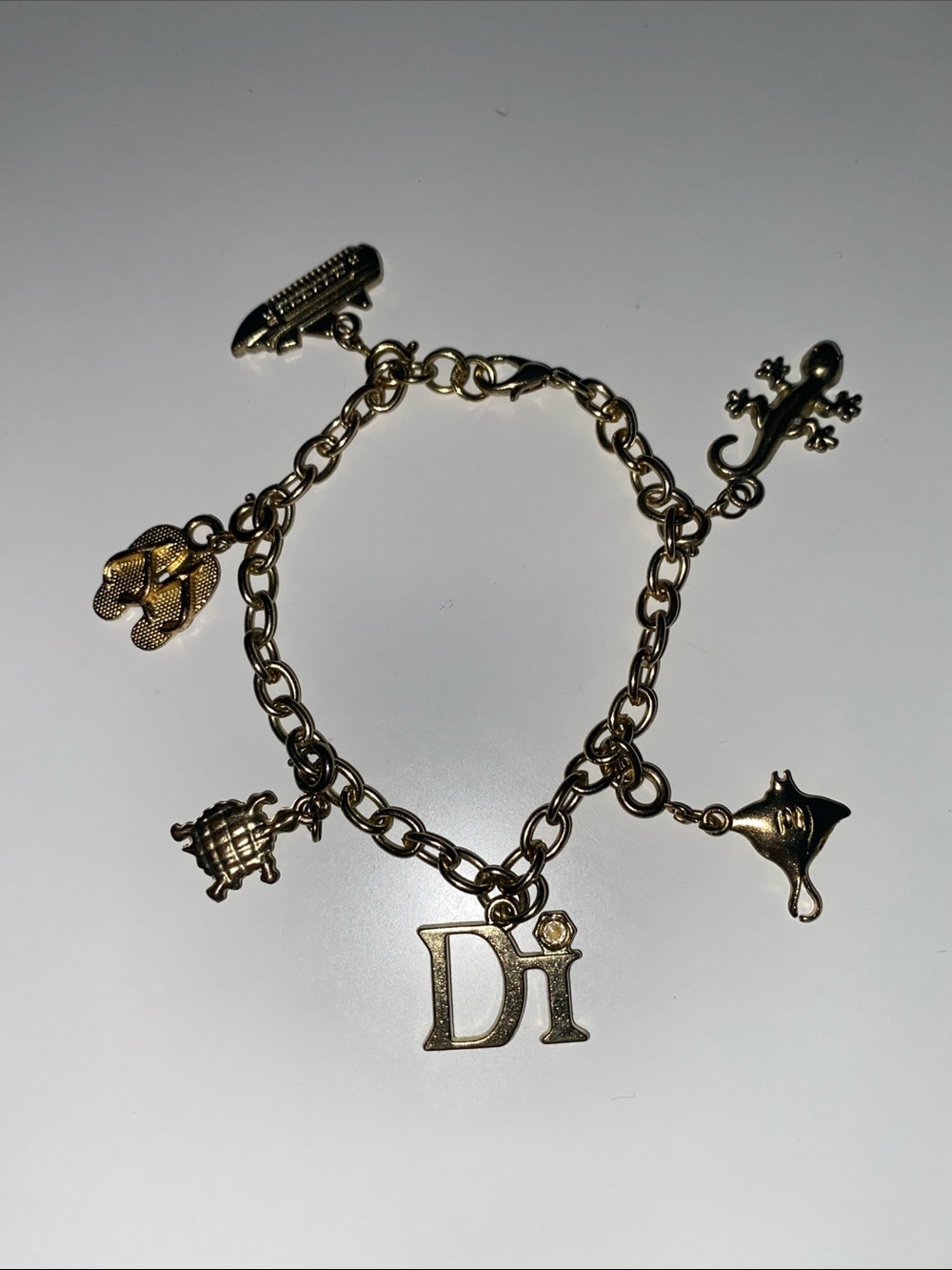 Gold Charm Bracelet with 'Di' Initial & Tropical Vacation Charms Turtle